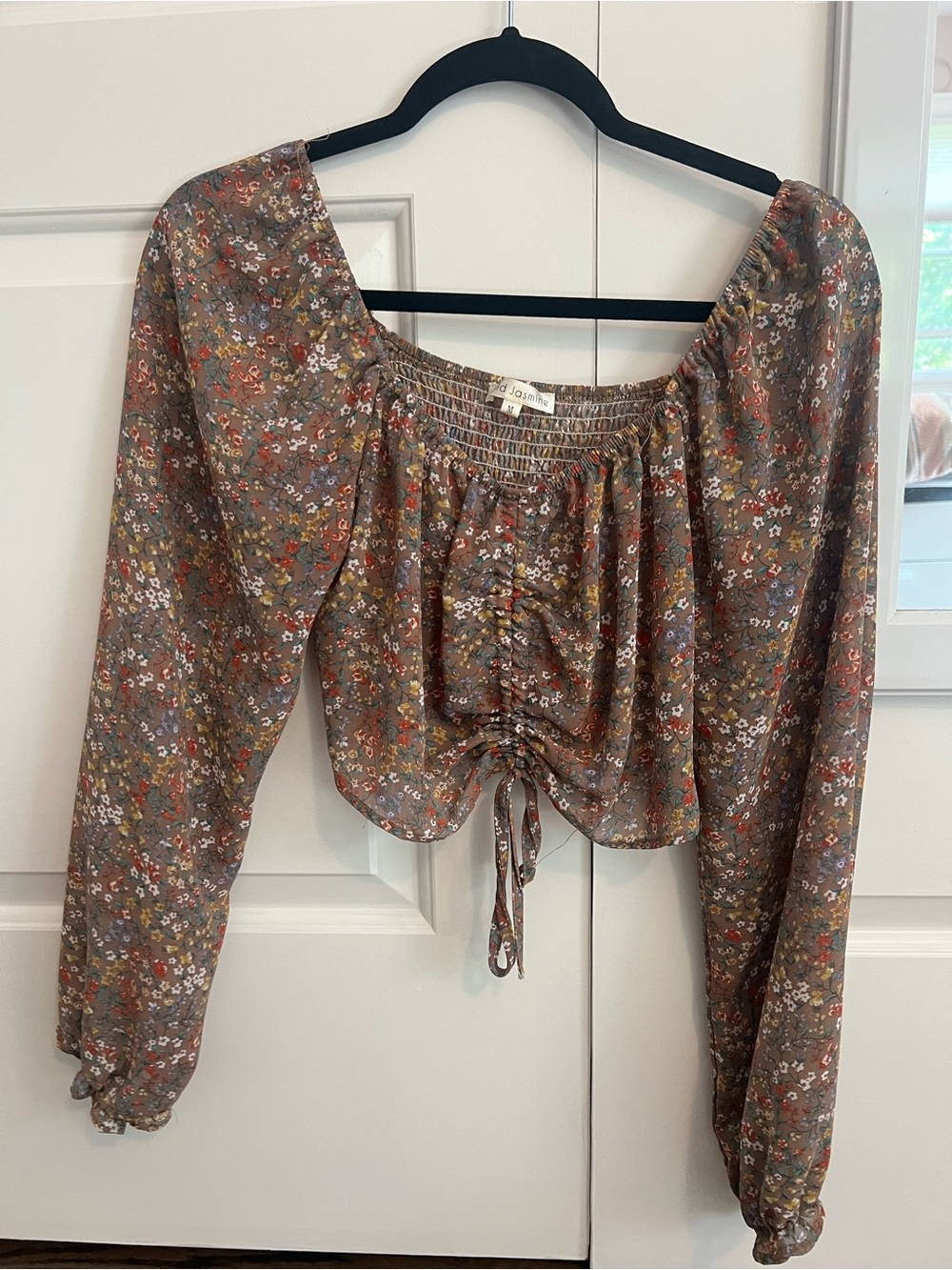 Women’s Wild Jasmine Cropped Floral Brown Blouse Long Sleeve Tie Front Size M